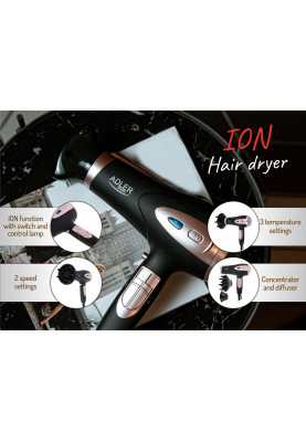 Фен Adler AD 2248 black 2200Вт/ 2 швидкості/ хол.обдув/ темп.режимів-3/ іонізація/ насадки - 2 шт.