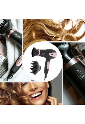 Фен Adler AD 2248 black 2200Вт/ 2 швидкості/ хол.обдув/ темп.режимів-3/ іонізація/ насадки - 2 шт.