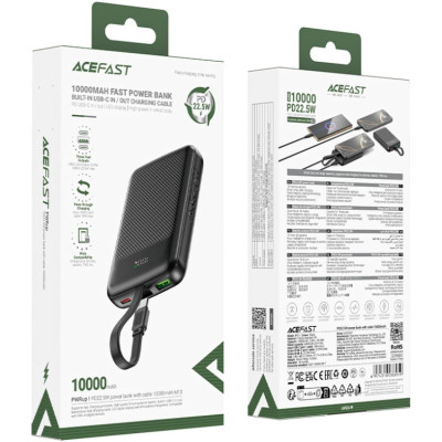 УМБ Acefast 10000mAh 22.5W PD,QC3.0 2xUSB-C,USB-A, with build Type-C cable, M13 Black УМБ Acefast 10000mAh 22.5W PD,QC3.0 2xUSB-C,USB-A, with build Type-C cable, M13 Black