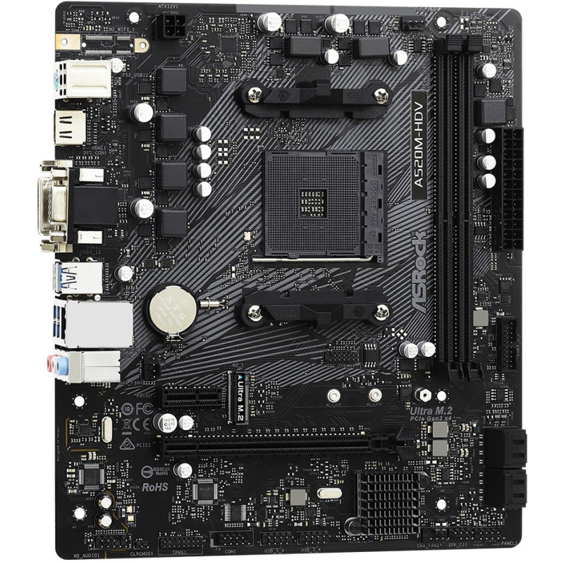 ASRock A520M-HDV (AM4/A520, 2*DDR4, PCIex16, D-Sub/DVI-D/HDMI, 4xSATAІІІ, M.2, GLan, 8ch, mATX)