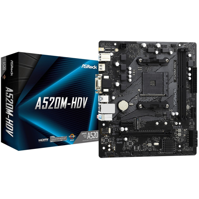 ASRock A520M-HDV (AM4/A520, 2*DDR4, PCIex16, D-Sub/DVI-D/HDMI, 4xSATAІІІ, M.2, GLan, 8ch, mATX)