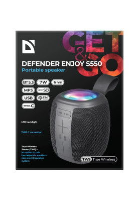 Акустична система 1.0 Defender Enjoy S550, 7W, Bluetooth/Light/FM/USB/TF/Type-C чорна