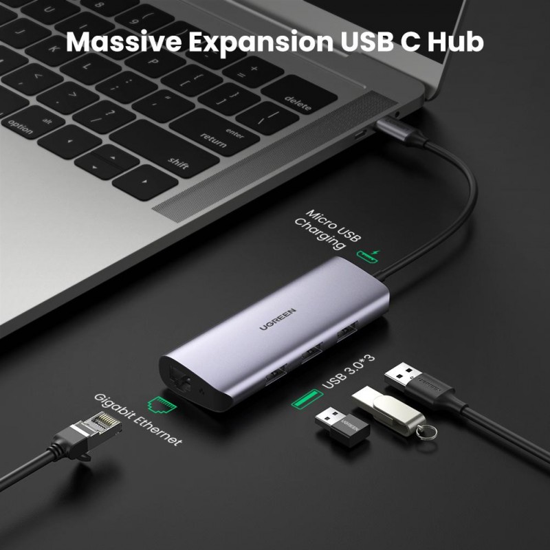 Хаб USB 3.1 Type-C -> 3хUSB 3.0 + RJ45 1000M Ethernet сірий UGREEN