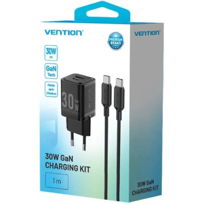 Зарядний пристрій 2xUSB 30W (USB-A/USB-C) + USB-C cable М-М Black Vention Зарядний пристрій 2xUSB 30W (USB-A/USB-C) + USB-C cable М-М Black Vention