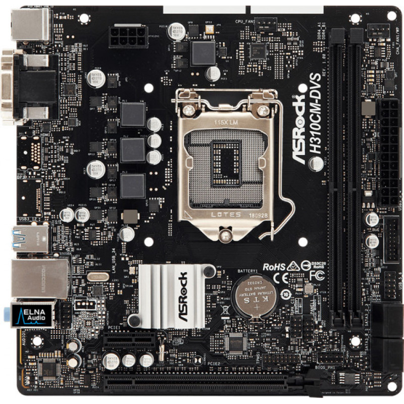 Материнська плата ASRock H310CM-DVS (1151/H310, 2*DDR4, 1xPCIex16, VGA/DVI-D, 4xSATAІІІ, GLan, 8ch, mATX)