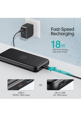 УМБ Choetech 10000mAh, 18W PD3.0/QC3.0, Wireless 10W, USB-C In/out, USB-A+Micro Li-pol чорна