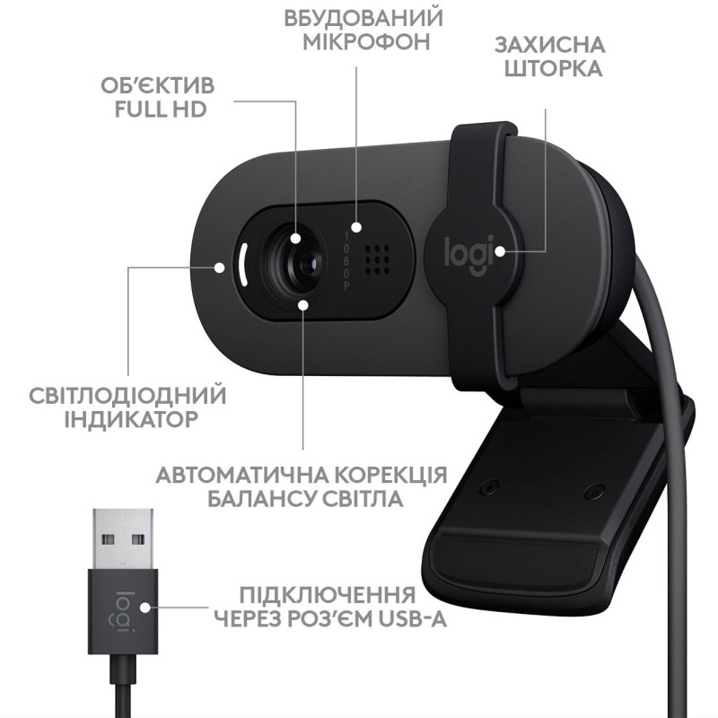 Веб-камера Logitech Brio 100 Full HD Webcam, Graphite