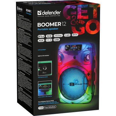 Акустична система 1.0 Boomer 12, 15Вт, Bluetooth/FM/USB/LED/AUX чорна