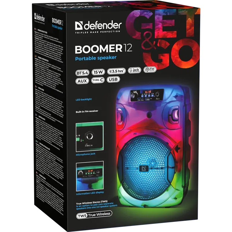 Акустична система 1.0 Boomer 12, 15Вт, Bluetooth/FM/USB/LED/AUX чорна