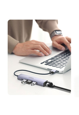 Хаб USB 3.0 Type-C -> 3xUSB 3.0 + RJ45 1000M CM475 Сірий UGREEN
