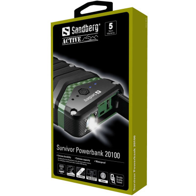 УМБ Sandberg Survivor 20100mAh IP67, LED Torch, 2xUSB, 2.4A, Type-C OUT, LED ліхтар