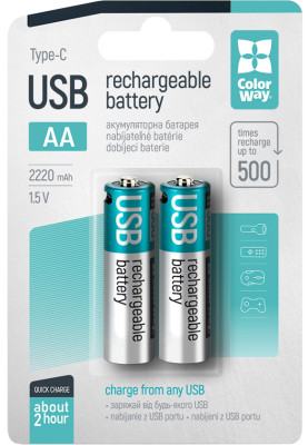Акумулятор AA/LR06, USB-С 2220 мАЧ 1.5В (Li-Polymer), ColorWay, (2шт)