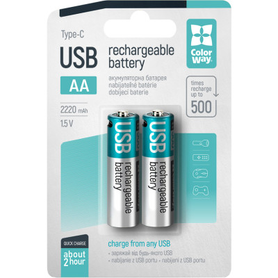Акумулятор AA/LR06, USB-С 2220 мАЧ 1.5В (Li-Polymer), ColorWay, (2шт)