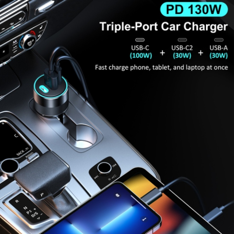 Автозарядка 3xUSB 124W (2xUSB-C+USB-A) PD3.0 100W чорна Choetech