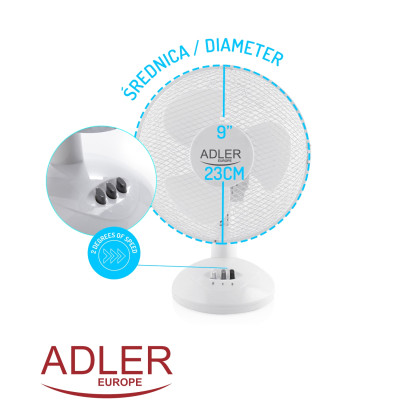 Вентилятор AdlerAD 7302 white настільний/ 45Вт/ D=23см/ автоповорот/ білий