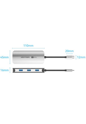 Док-станція USB3.1 Type-C --> HDMI 4K60Hz/USB 3.0x3/RJ45/PD 100W 6-in-1 Vention