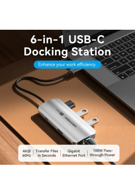 Док-станція USB3.1 Type-C --> HDMI 4K60Hz/USB 3.0x3/RJ45/PD 100W 6-in-1 Vention