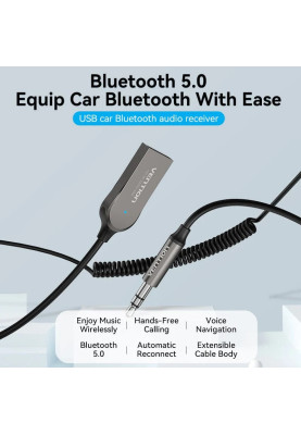 автомобільний аудіоприймач AUX TRS 3.5мм USB Bluetooth 5.0 Coiled Cable 1.5M Gray Zinc Alloy