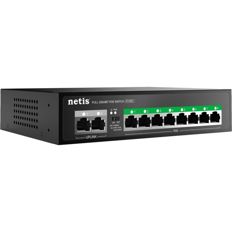 Комутатор Netis P110GC 10xGE (8xPoE, 2xUplink), 120Вт, Некерований