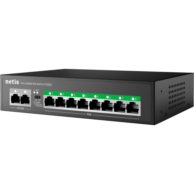 Комутатор Netis P110GC 10xGE (8xPoE, 2xUplink), 120Вт, Некерований