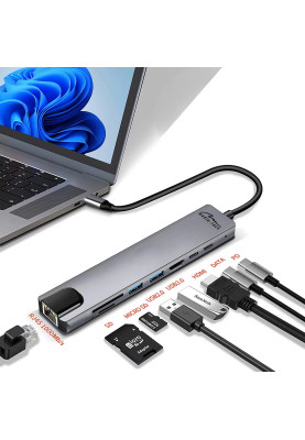 Док-станція USB3.1 Type-C -->HDMI 4K/2xUSB-A/2xUSB-C/RJ45/SD/TF/PD 100W 8 in 1 Media-Tech