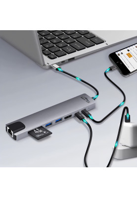 Док-станція USB3.1 Type-C -->HDMI 4K/2xUSB-A/2xUSB-C/RJ45/SD/TF/PD 100W 8 in 1 Media-Tech