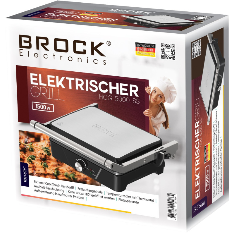 Електрогриль BROCK HCG 5000 SS 2000Вт/30х24 см/ мех.управління/ регулювання висоти/відкриття на 180º