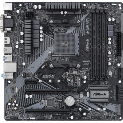 ASRock B450M Pro4 R2.0 (AM4/B450, 4*DDR4, 2xPCIex16, DVI-D/HDMI/VGA, 4xSATAІІІ, M.2, GLan, 8ch, mATX