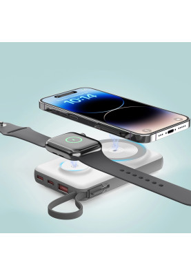 УМБ Choetech Magnetic Wireless 10000mAh 15W PD,QC3.0 USB-A+2USB-C 3in1charg,with build-incable White
