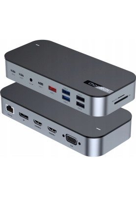 Док-станція USB 3.1->VGA,2xType-C,SD,2xHDMI,DisplayPort,3.5m,3xUSB-A3.0,RJ45,2xUSB2.0 15in1 Choetech