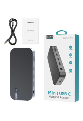 Док-станція USB 3.1->VGA,2xType-C,SD,2xHDMI,DisplayPort,3.5m,3xUSB-A3.0,RJ45,2xUSB2.0 15in1 Choetech