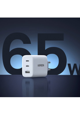 Зарядний пристрій 3xUSB 65W (2xUSB-C + USB QC3.0) Fast Charger Білий CD275 Ugreen