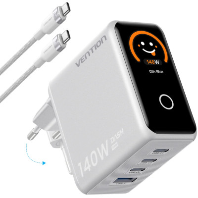 Зарядний пристрій 4xUSB 140W GaN (3хUSB-C+USB-A) + USB-C cable М-М White Vention Зарядний пристрій 4xUSB 140W GaN (3хUSB-C+USB-A) + USB-C cable М-М White Vention