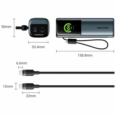 УМБ Vention 27000mAh 200W PD3.1, USB-A, USB-C In/Out, with Built-in USB-C Cable, TFT Display, Gray УМБ Vention 27000mAh 200W PD3.1, USB-A, USB-C In/Out, with Built-in USB-C Cable, TFT Display, Gray