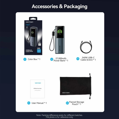 УМБ Vention 27000mAh 200W PD3.1, USB-A, USB-C In/Out, with Built-in USB-C Cable, TFT Display, Gray УМБ Vention 27000mAh 200W PD3.1, USB-A, USB-C In/Out, with Built-in USB-C Cable, TFT Display, Gray