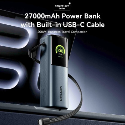 УМБ Vention 27000mAh 200W PD3.1, USB-A, USB-C In/Out, with Built-in USB-C Cable, TFT Display, Gray УМБ Vention 27000mAh 200W PD3.1, USB-A, USB-C In/Out, with Built-in USB-C Cable, TFT Display, Gray