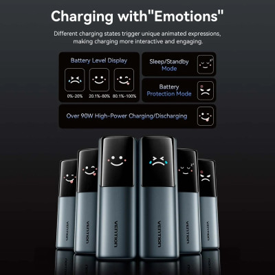 УМБ Vention 27000mAh 200W PD3.1, USB-A, USB-C In/Out, with Built-in USB-C Cable, TFT Display, Gray УМБ Vention 27000mAh 200W PD3.1, USB-A, USB-C In/Out, with Built-in USB-C Cable, TFT Display, Gray