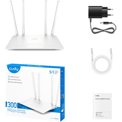 Маршрутизатор Cudy WR300S, Wi-Fi, 802.11b/g/n, 300Mbps 2.4GHz, 5×10/100Mbps, 4×5dBi an, WiFi, IPv6