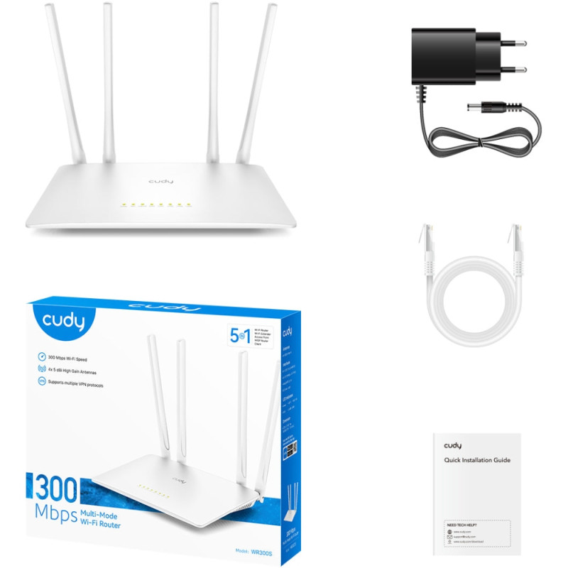 Маршрутизатор Cudy WR300S, Wi-Fi, 802.11b/g/n, 300Mbps 2.4GHz, 5×10/100Mbps, 4×5dBi an, WiFi, IPv6