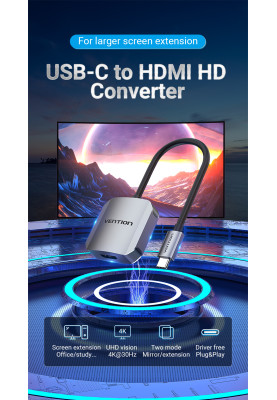 Перехідник USB 3.1 Type-C --> HDMI (F), 4K 30HZ, кабель 0.15м, Vention сірий