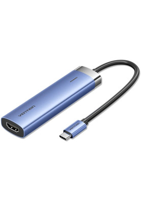 Док-станція USB3.1 Type-C --> HDMI/USB 3.0x3/PD 100W Blue Aluminum  Alloy Hub 5-in-1 Vention