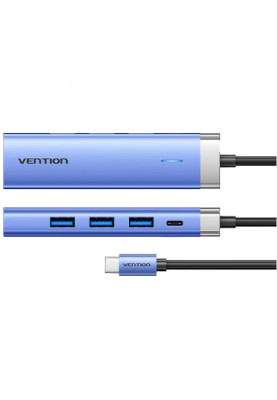 Док-станція USB3.1 Type-C --> HDMI/USB 3.0x3/PD 100W Blue Aluminum  Alloy Hub 5-in-1 Vention