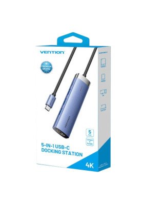 Док-станція USB3.1 Type-C --> HDMI/USB 3.0x3/PD 100W Blue Aluminum  Alloy Hub 5-in-1 Vention