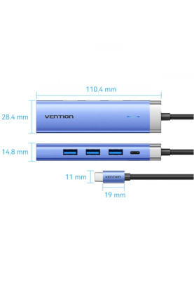 Док-станція USB3.1 Type-C --> HDMI/USB 3.0x3/PD 100W Blue Aluminum  Alloy Hub 5-in-1 Vention