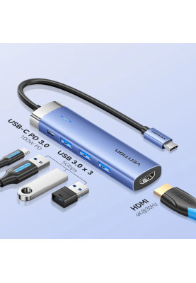 Док-станція USB3.1 Type-C --> HDMI/USB 3.0x3/PD 100W Blue Aluminum  Alloy Hub 5-in-1 Vention