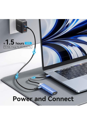 Док-станція USB3.1 Type-C --> HDMI/USB 3.0x3/PD 100W Blue Aluminum  Alloy Hub 5-in-1 Vention