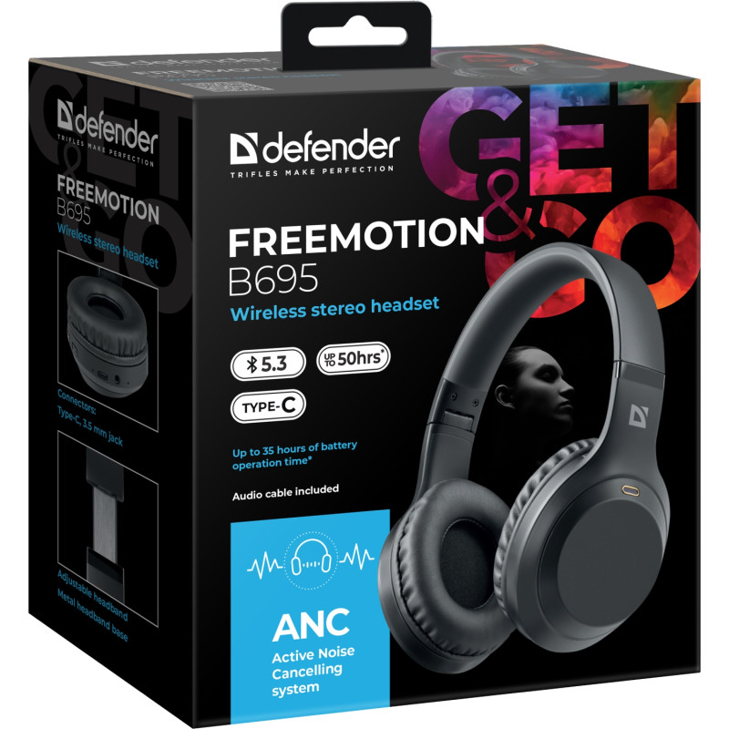 Гарнітура Defender FreeMotion B695,Bluetooth+3,5мм,ANC,Black