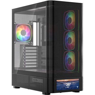 Корпус Modecom VOLCANO AQ500 ARGB MIDI FRONT LCD 6,2”, 4x120mm fans BLACK без БЖ ATX