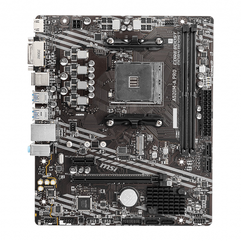 MSI A520M-A PRO (AM4/A520, 2*DDR4, PCIex16, DVI-D/HDMI, 4xSATAІІІ, M.2, GLan, 8ch, mATX)