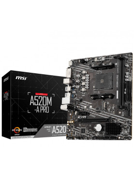 MSI A520M-A PRO (AM4/A520, 2*DDR4, PCIex16, DVI-D/HDMI, 4xSATAІІІ, M.2, GLan, 8ch, mATX)